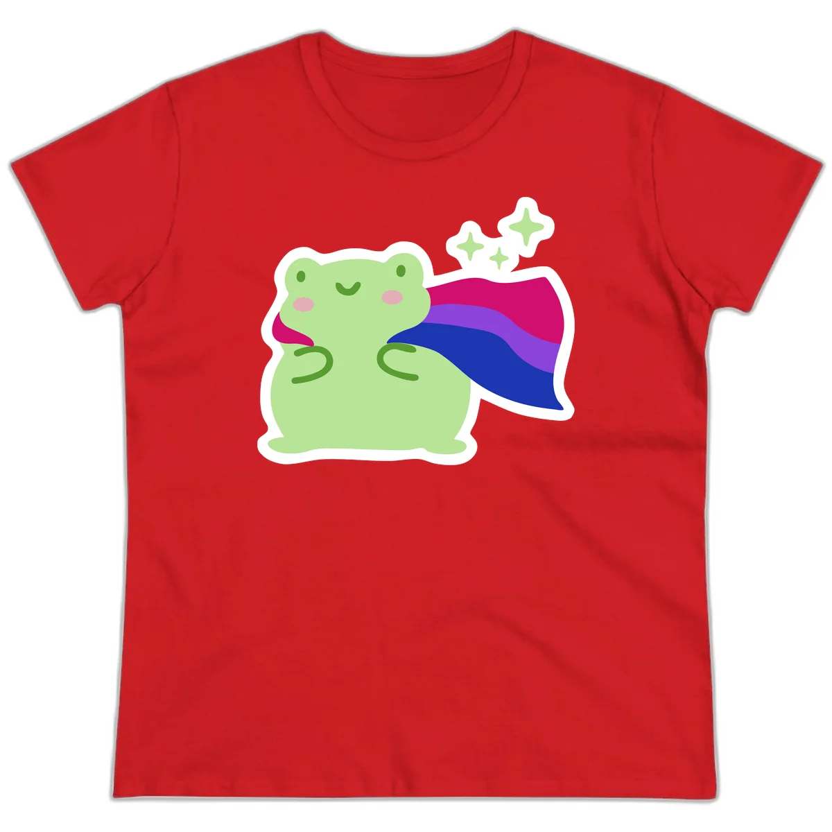 Smiling green frog wearing a flowing rainbow cape with floating sparkles, pride-frog-cape design illustration in Red
