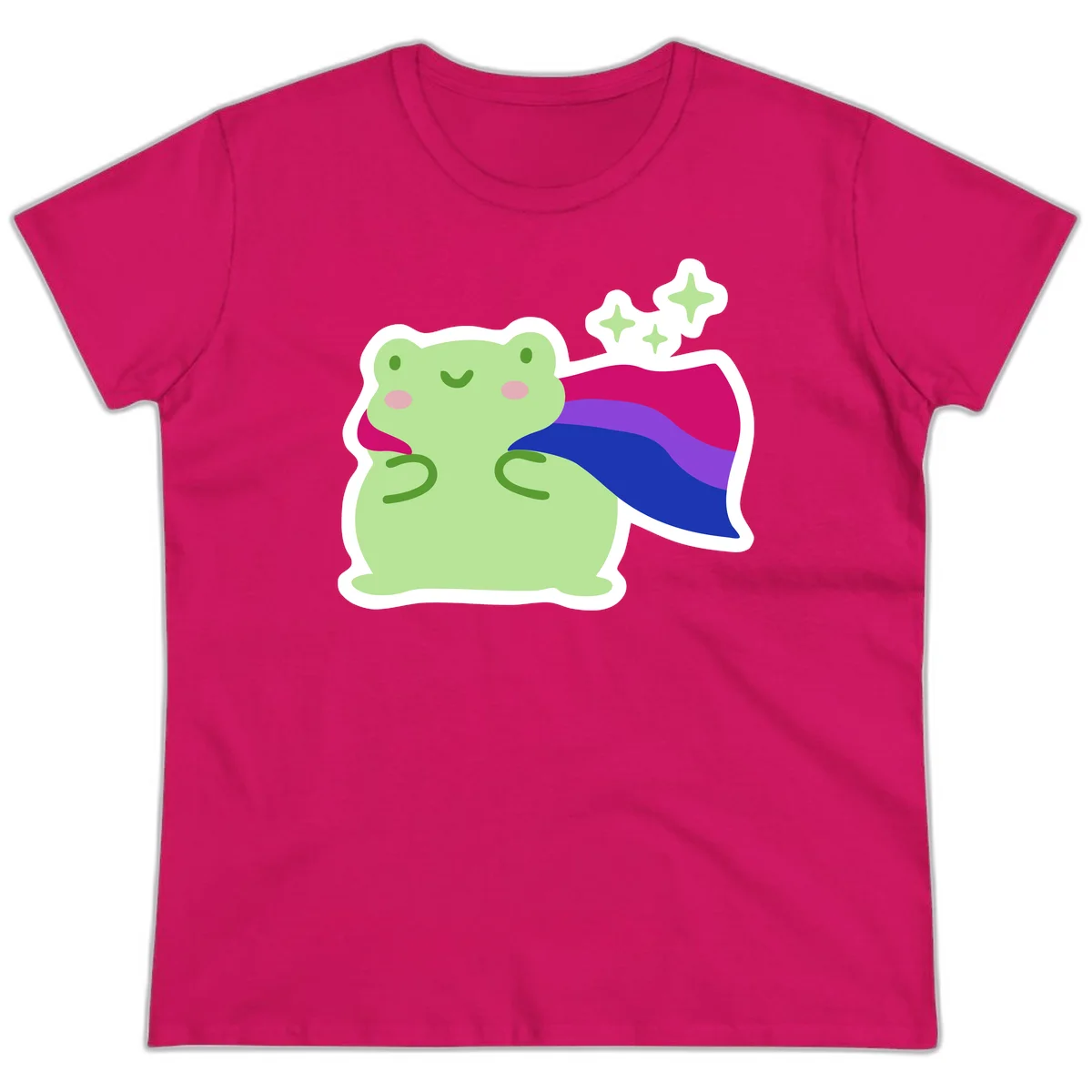 Smiling green frog wearing a flowing rainbow cape with floating sparkles, pride-frog-cape design illustration in Heliconia