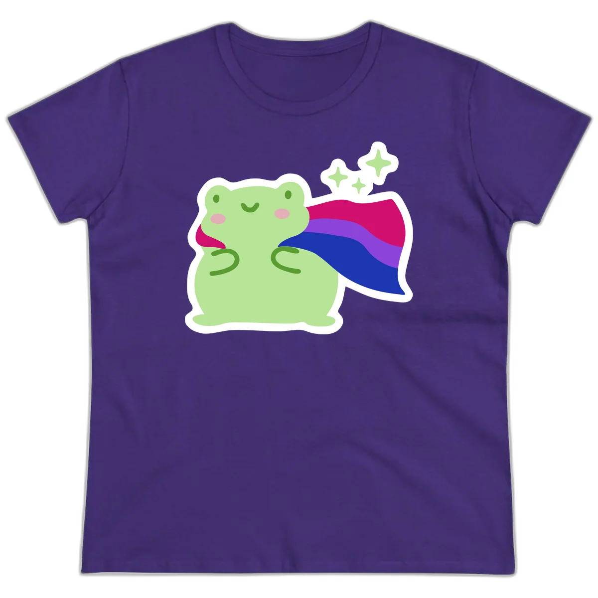 Smiling green frog wearing a flowing rainbow cape with floating sparkles, pride-frog-cape design illustration in Purple