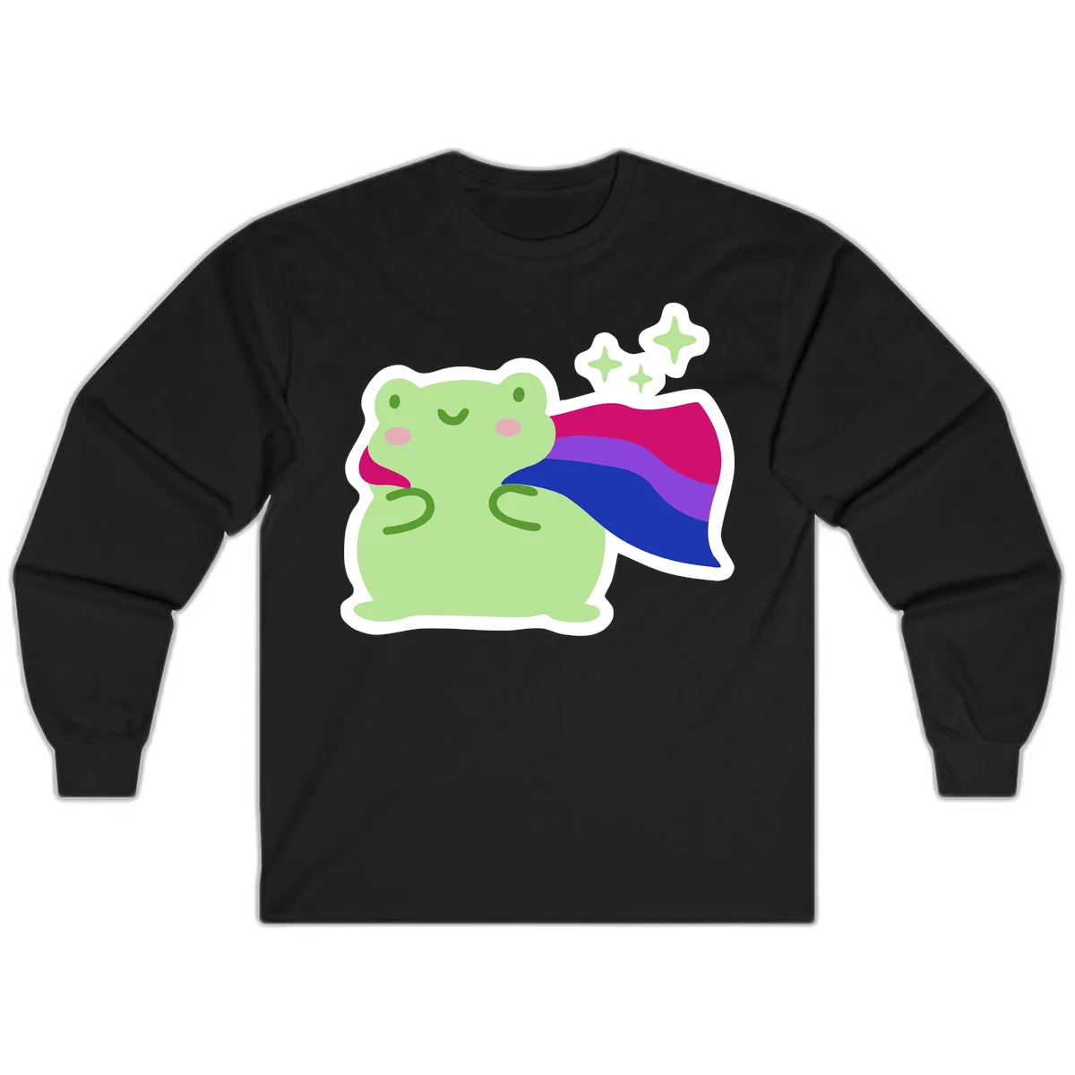 Smiling green frog wearing a flowing rainbow cape with floating sparkles, pride-frog-cape design illustration in Black