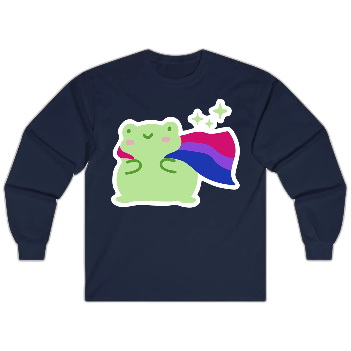 Smiling green frog wearing a flowing rainbow cape with floating sparkles, pride-frog-cape design illustration in Navy