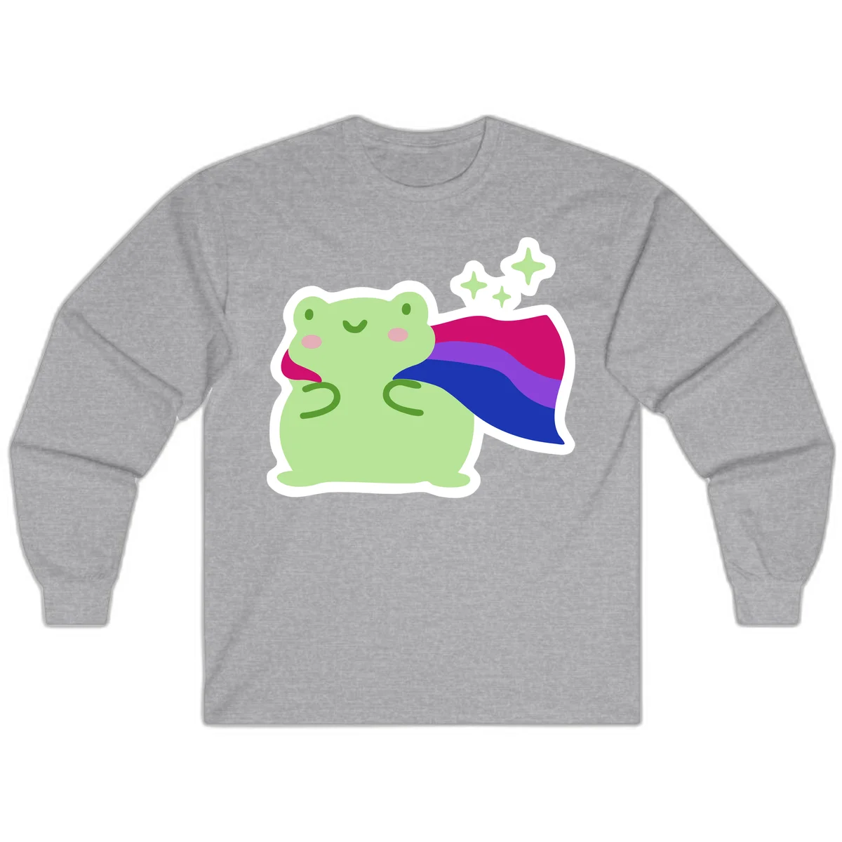 Smiling green frog wearing a flowing rainbow cape with floating sparkles, pride-frog-cape design illustration in Sport Grey