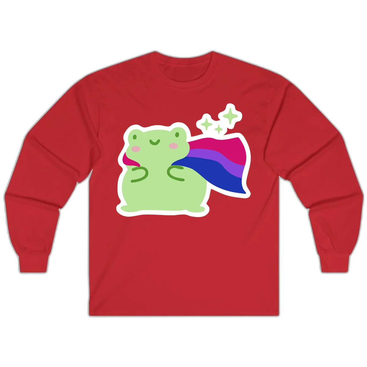 Smiling green frog wearing a flowing rainbow cape with floating sparkles, pride-frog-cape design illustration in Red