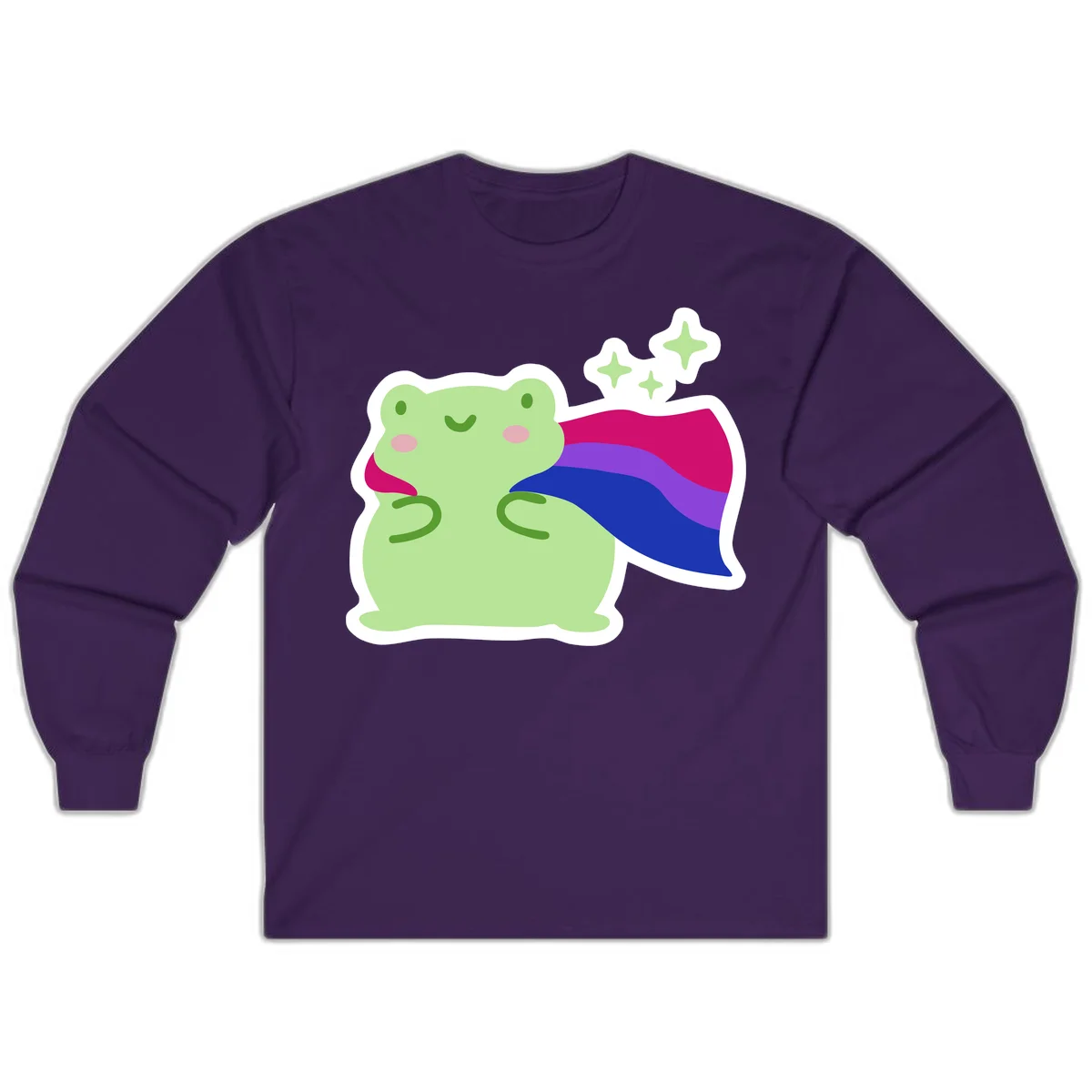 Smiling green frog wearing a flowing rainbow cape with floating sparkles, pride-frog-cape design illustration in Purple