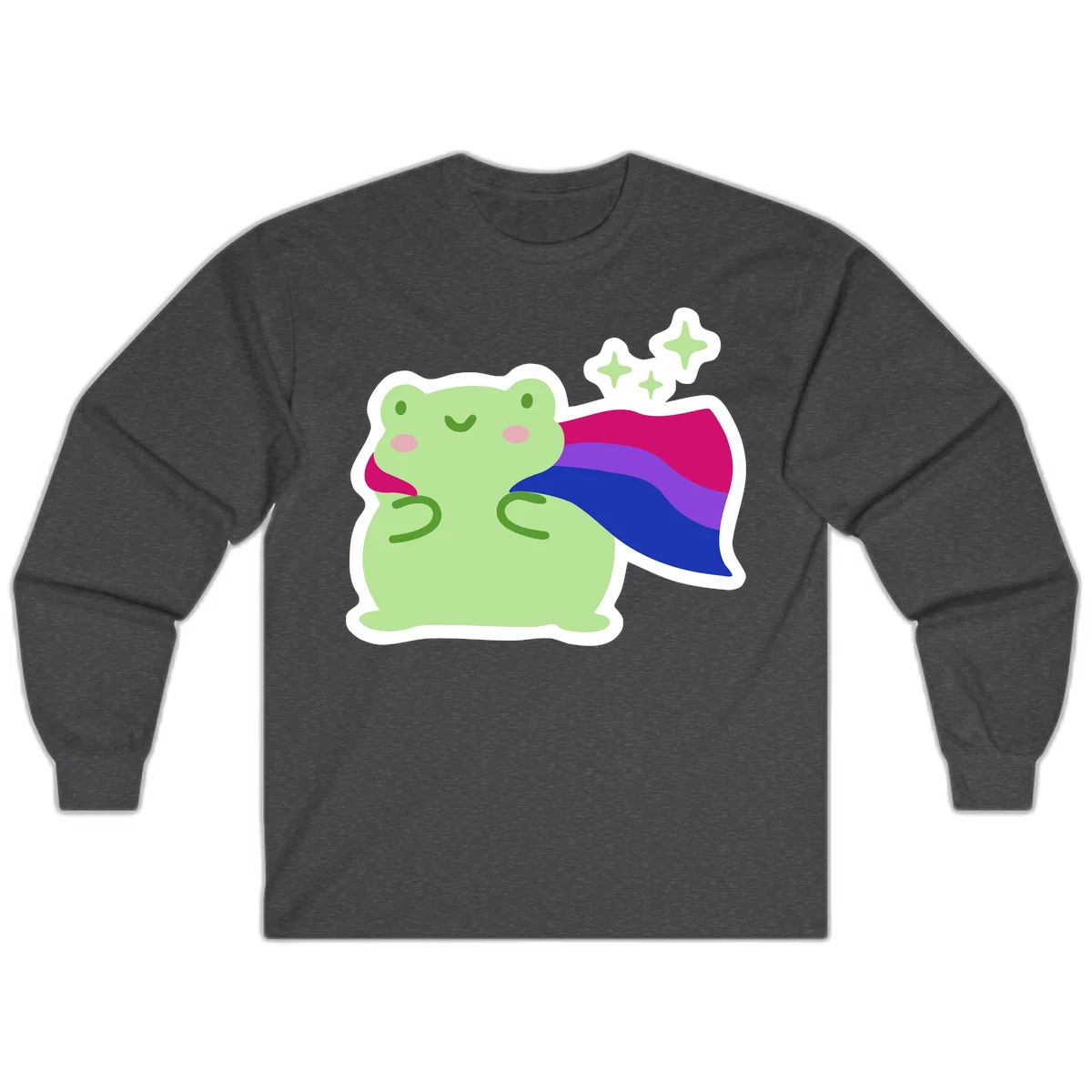 Smiling green frog wearing a flowing rainbow cape with floating sparkles, pride-frog-cape design illustration in Dark Heather