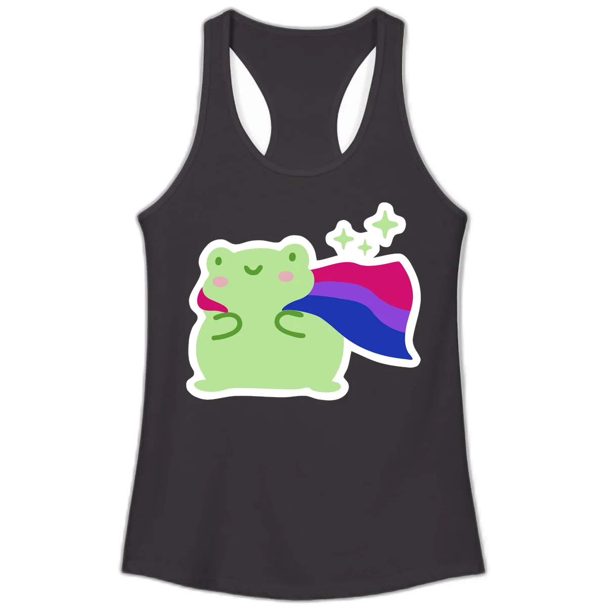 Smiling green frog wearing a flowing rainbow cape with floating sparkles, pride-frog-cape design illustration in Black