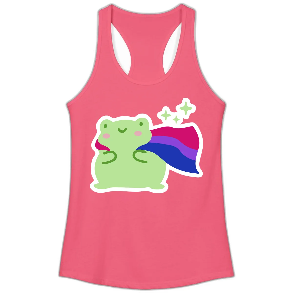 Smiling green frog wearing a flowing rainbow cape with floating sparkles, pride-frog-cape design illustration in Hot Pink