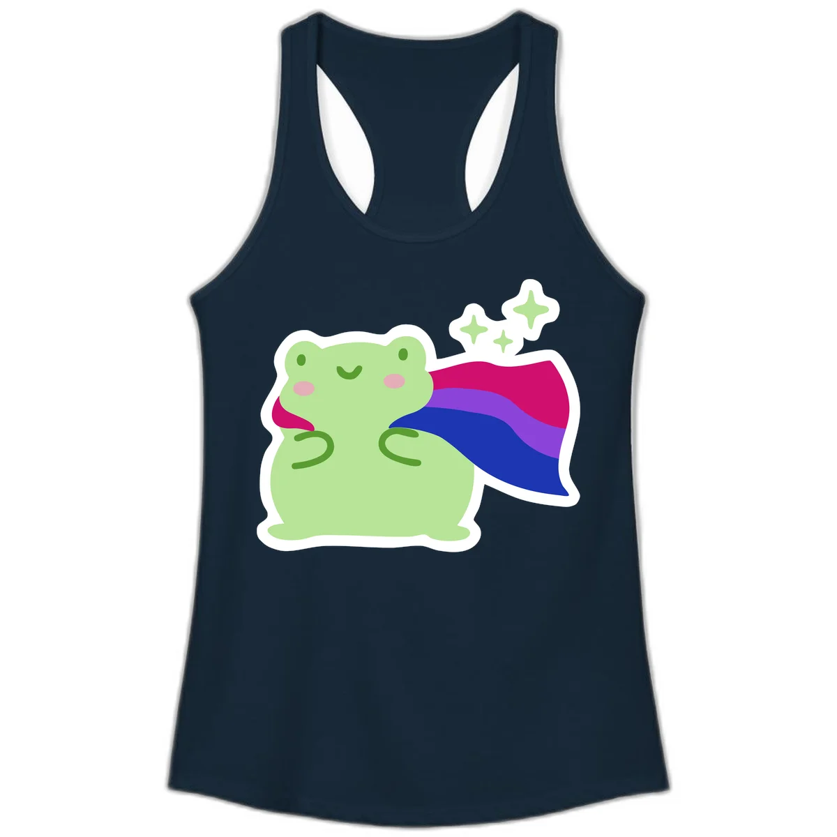 Smiling green frog wearing a flowing rainbow cape with floating sparkles, pride-frog-cape design illustration in Solid Midnight Navy