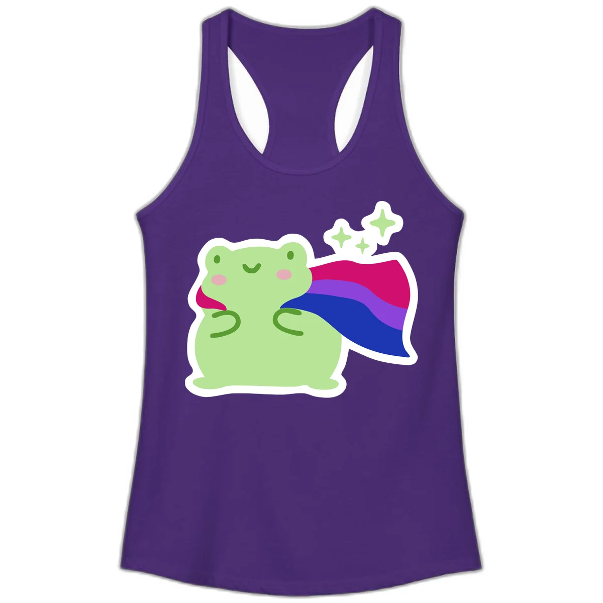 Smiling green frog wearing a flowing rainbow cape with floating sparkles, pride-frog-cape design illustration in Solid Purple Rush