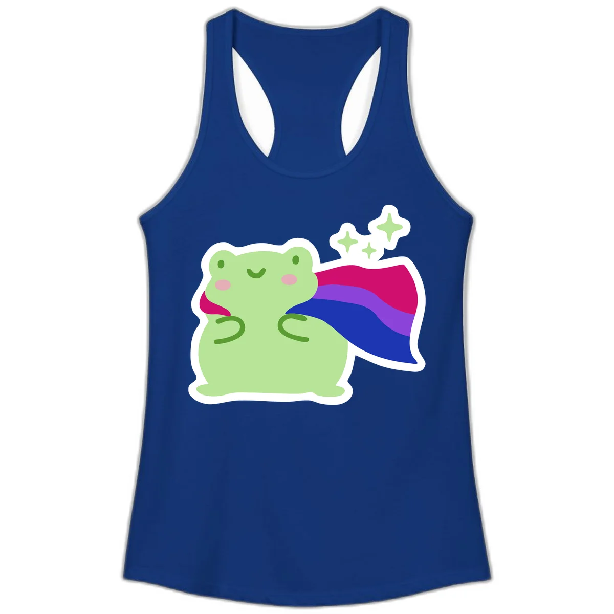 Smiling green frog wearing a flowing rainbow cape with floating sparkles, pride-frog-cape design illustration in Solid Royal