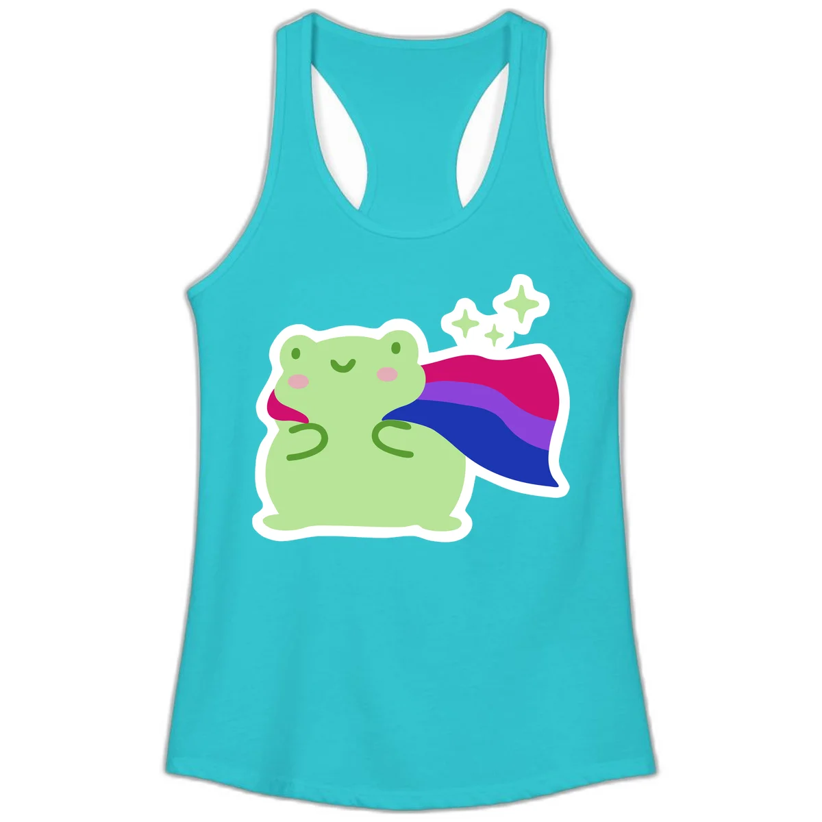 Smiling green frog wearing a flowing rainbow cape with floating sparkles, pride-frog-cape design illustration in Solid Tahiti Blue