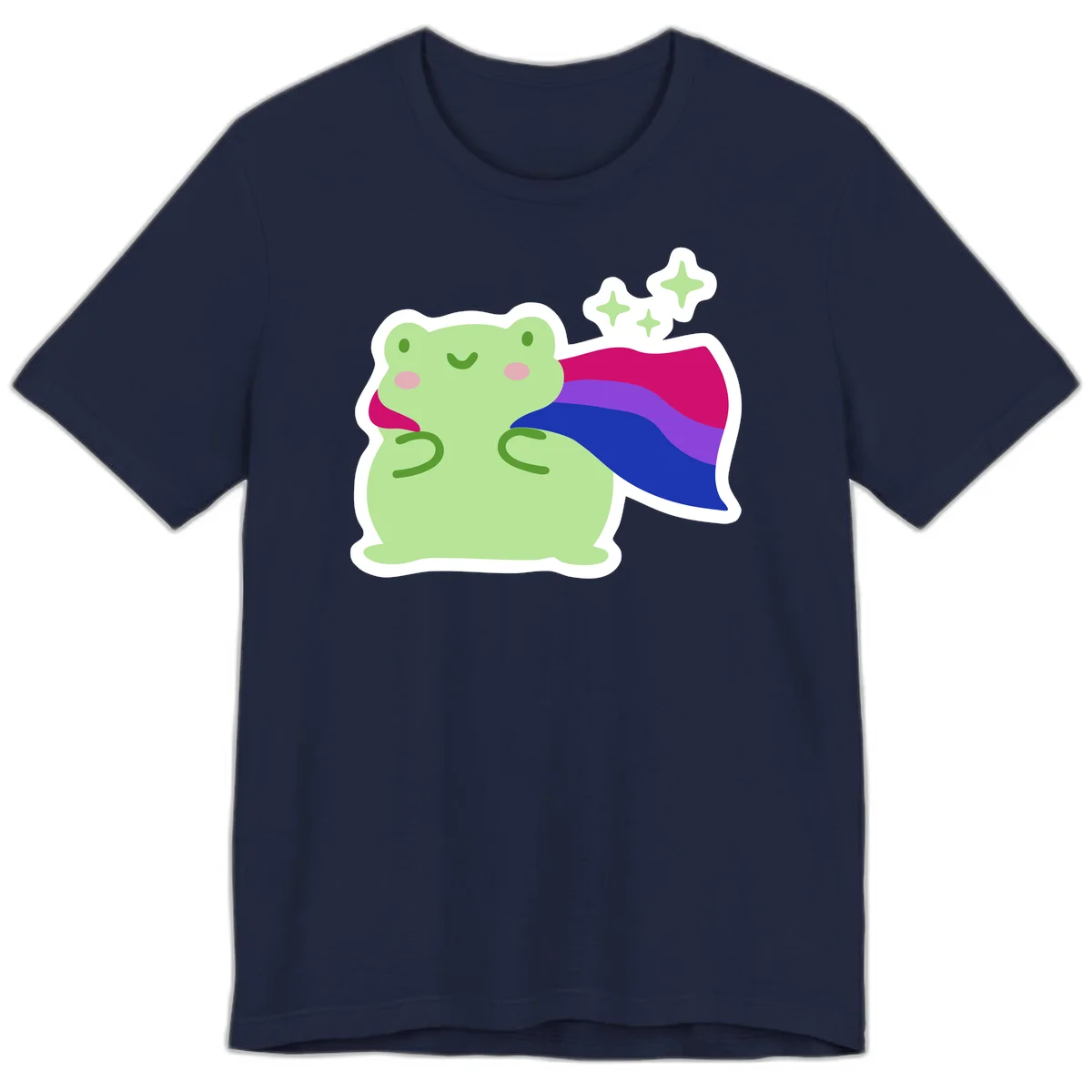 Smiling green frog wearing a flowing rainbow cape with floating sparkles, pride-frog-cape design illustration in Navy