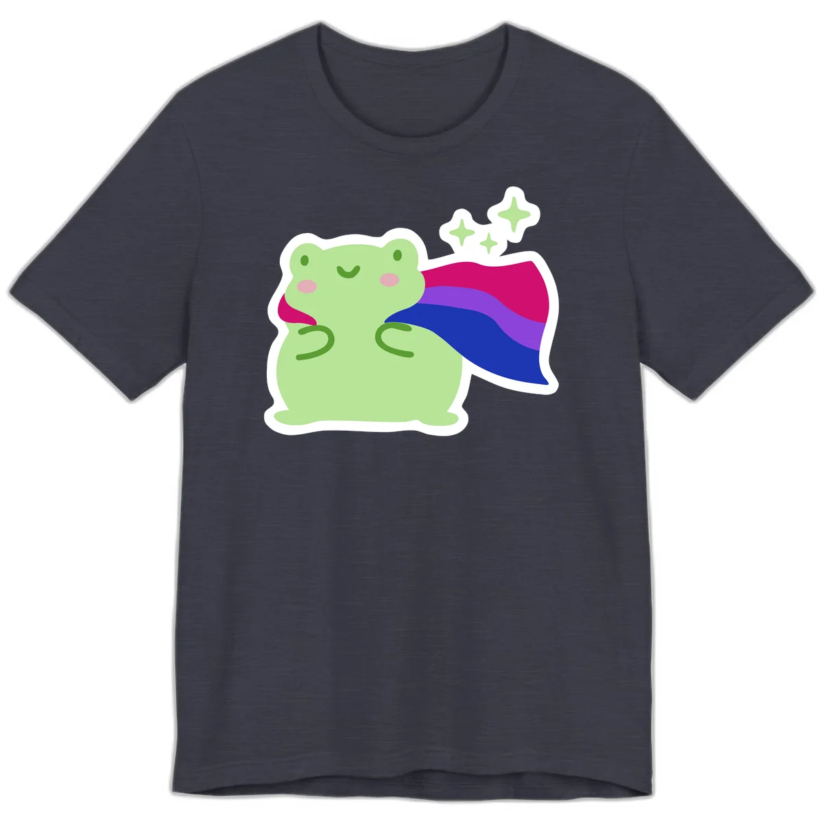 Smiling green frog wearing a flowing rainbow cape with floating sparkles, pride-frog-cape design illustration in Heather Midnight Navy