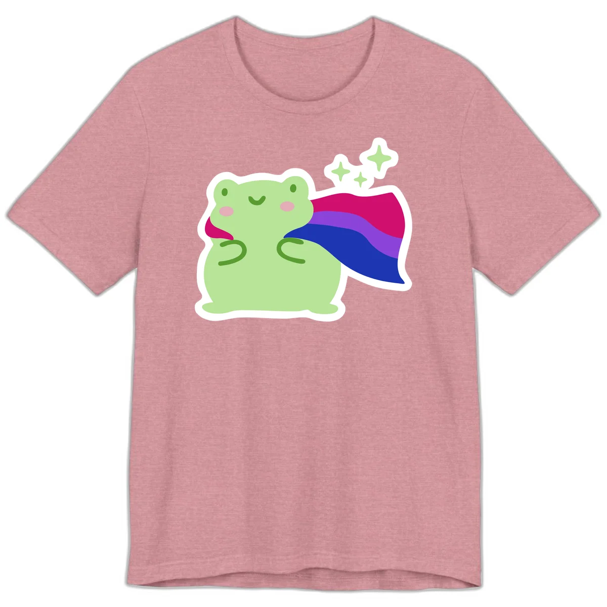 Smiling green frog wearing a flowing rainbow cape with floating sparkles, pride-frog-cape design illustration in Heather Orchid