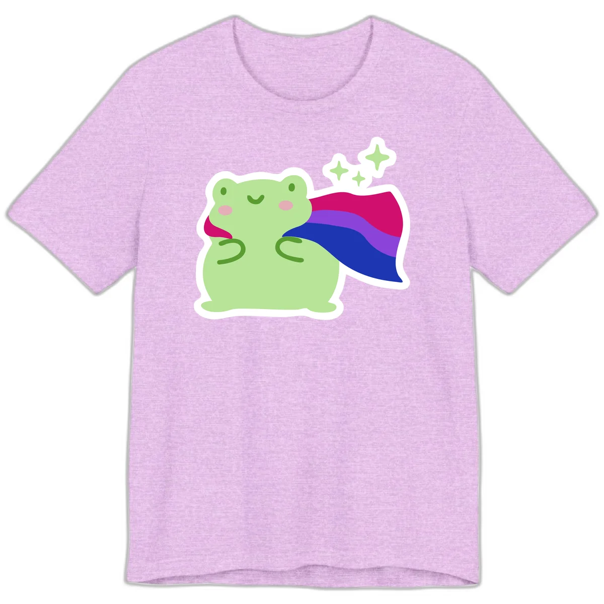 Smiling green frog wearing a flowing rainbow cape with floating sparkles, pride-frog-cape design illustration in Heather Prism Lilac