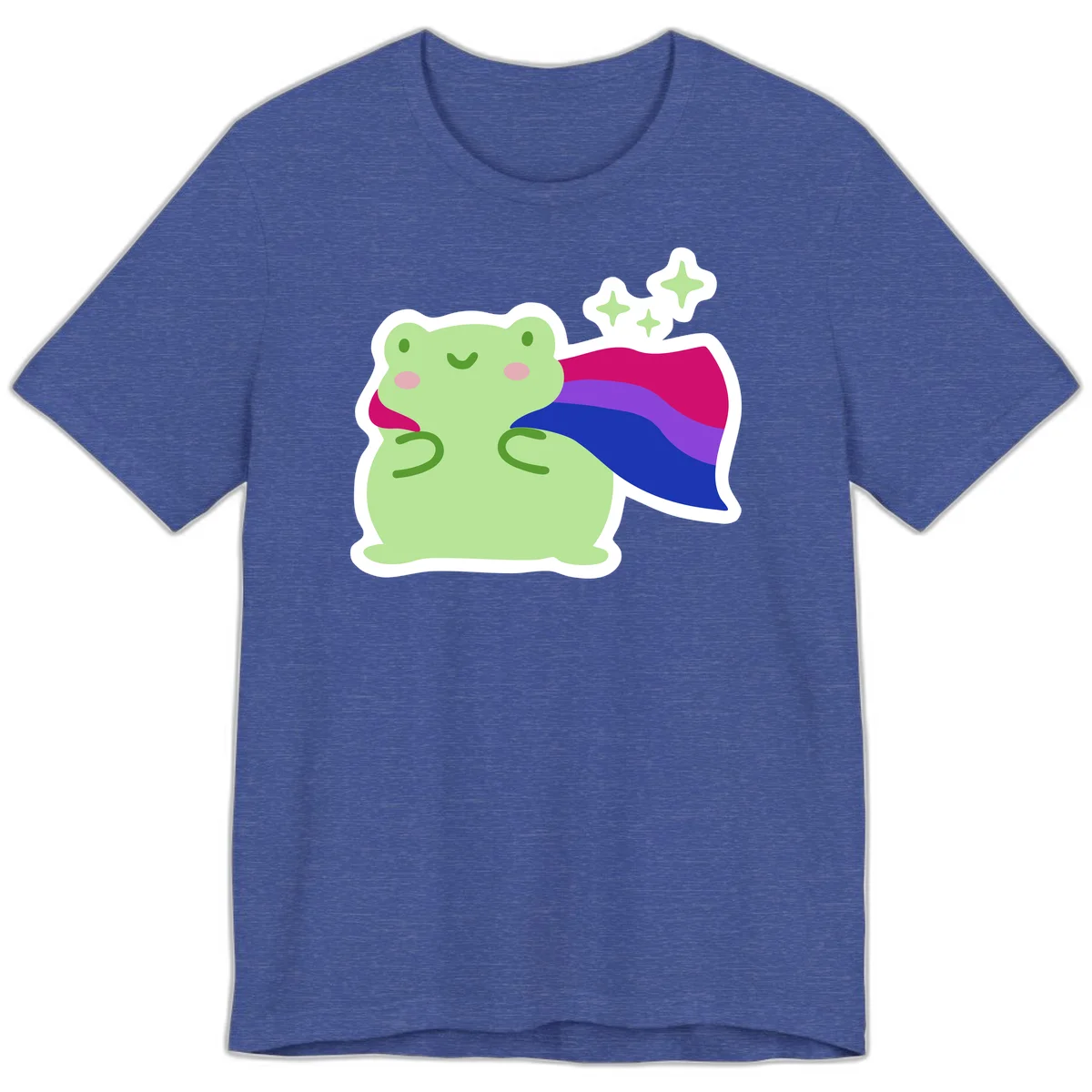 Smiling green frog wearing a flowing rainbow cape with floating sparkles, pride-frog-cape design illustration in Heather True Royal