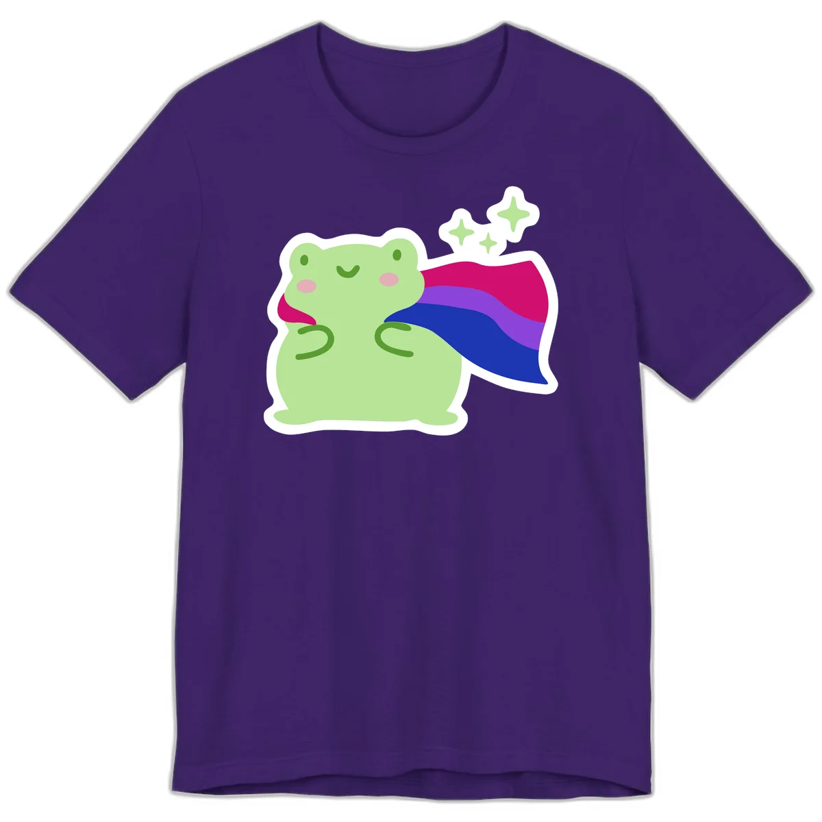 Smiling green frog wearing a flowing rainbow cape with floating sparkles, pride-frog-cape design illustration in Team Purple