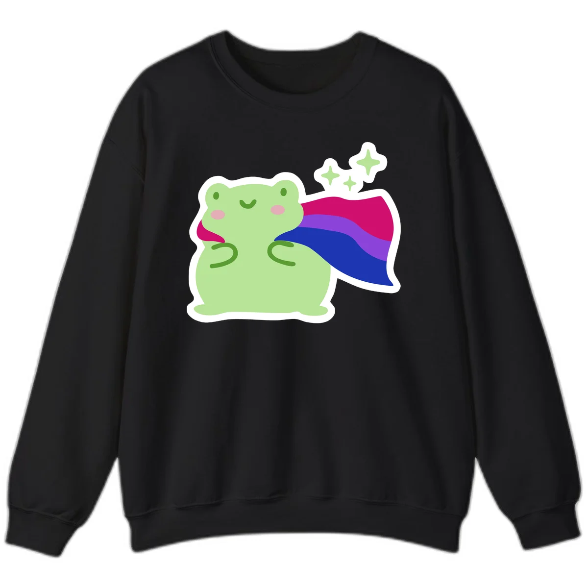 Smiling green frog wearing a flowing rainbow cape with floating sparkles, pride-frog-cape design illustration in Black
