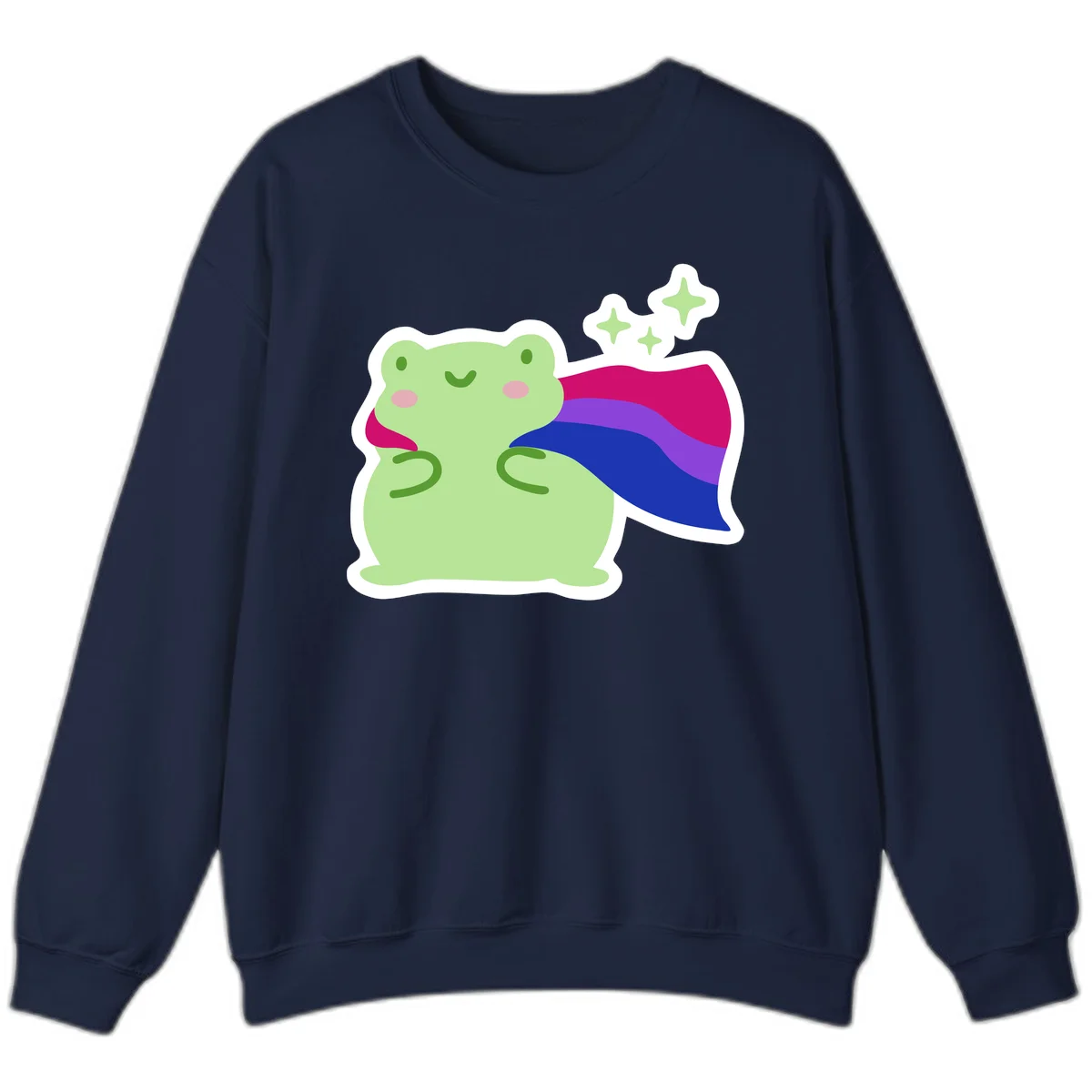 Smiling green frog wearing a flowing rainbow cape with floating sparkles, pride-frog-cape design illustration in Navy