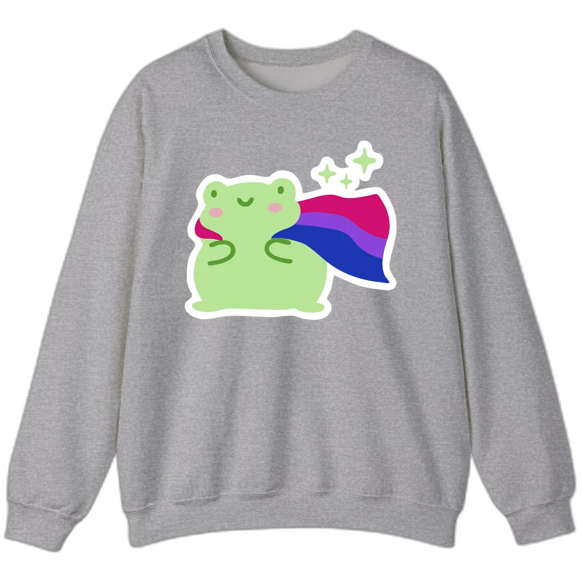 Smiling green frog wearing a flowing rainbow cape with floating sparkles, pride-frog-cape design illustration in Sport Grey