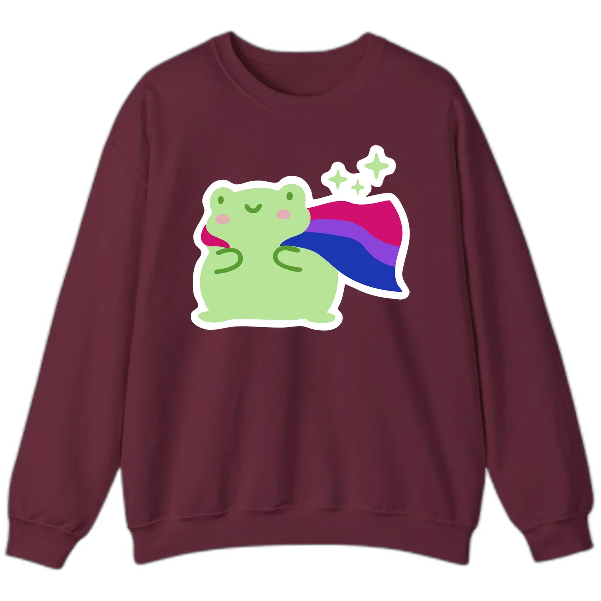 Smiling green frog wearing a flowing rainbow cape with floating sparkles, pride-frog-cape design illustration in Maroon
