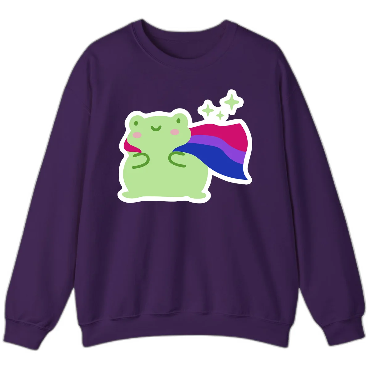 Smiling green frog wearing a flowing rainbow cape with floating sparkles, pride-frog-cape design illustration in Purple