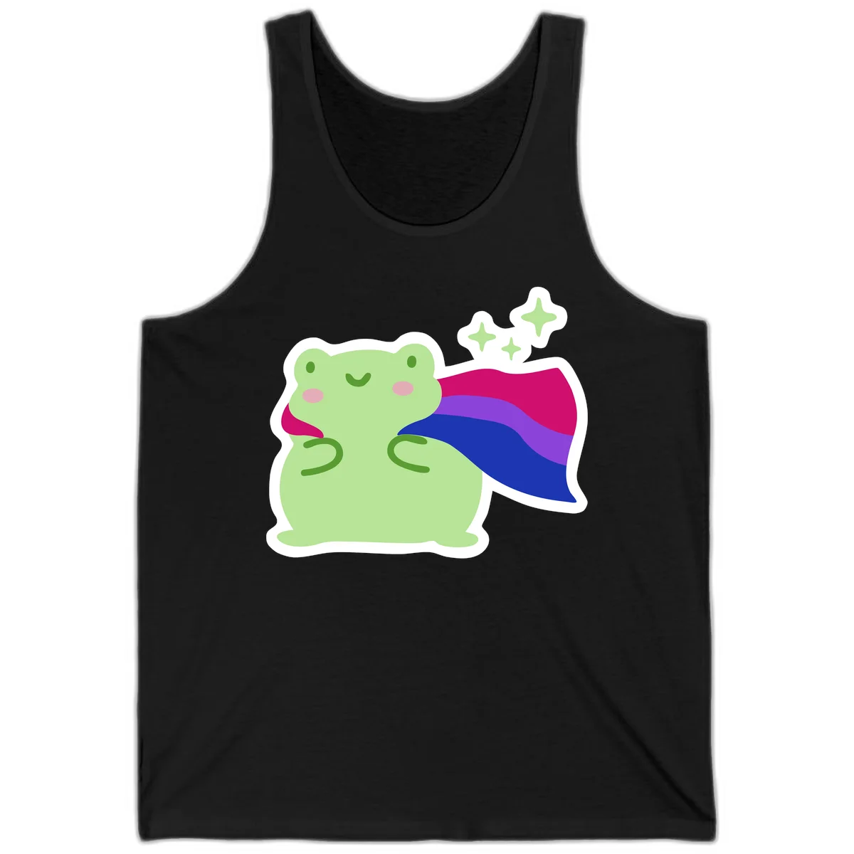 Smiling green frog wearing a flowing rainbow cape with floating sparkles, pride-frog-cape design illustration in Black