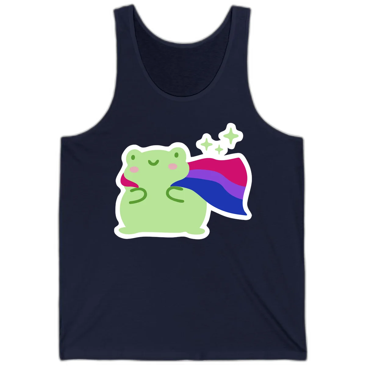 Smiling green frog wearing a flowing rainbow cape with floating sparkles, pride-frog-cape design illustration in Navy