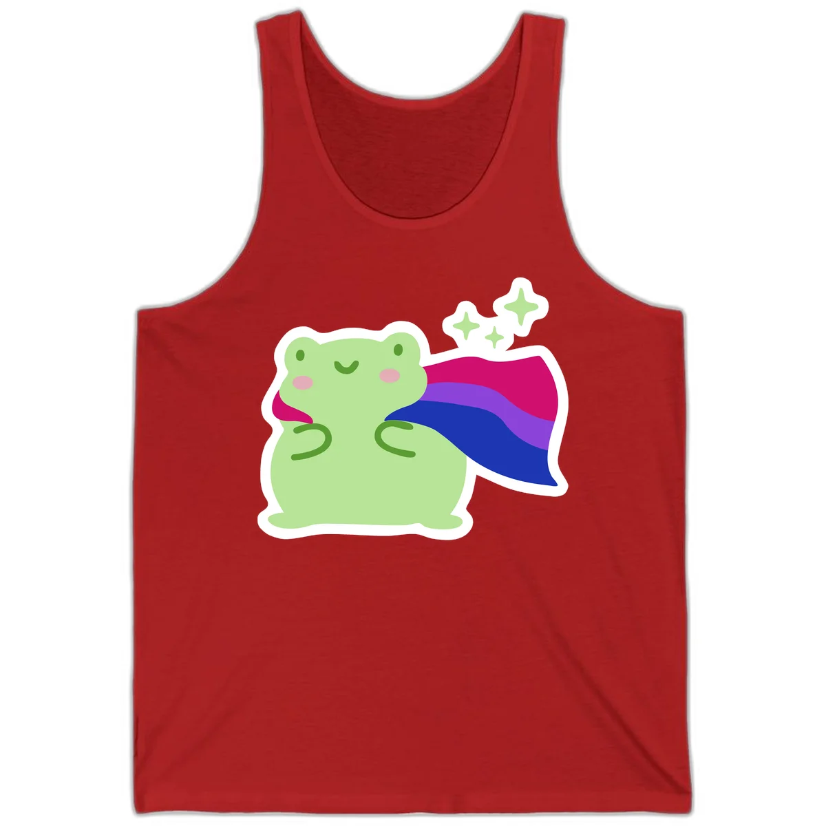 Smiling green frog wearing a flowing rainbow cape with floating sparkles, pride-frog-cape design illustration in Red