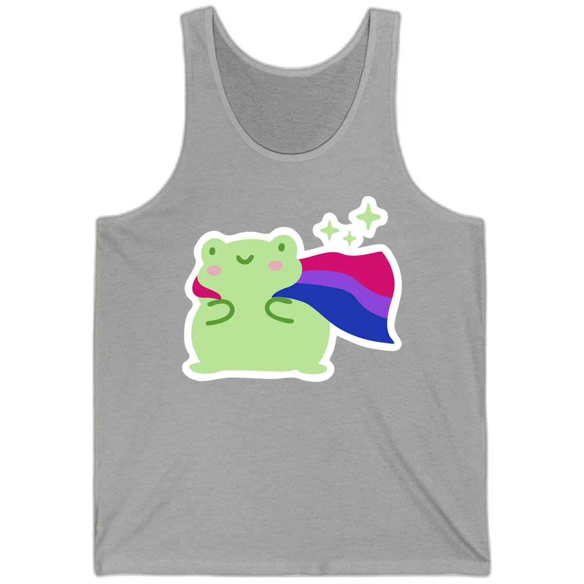 Smiling green frog wearing a flowing rainbow cape with floating sparkles, pride-frog-cape design illustration in Athletic Heather