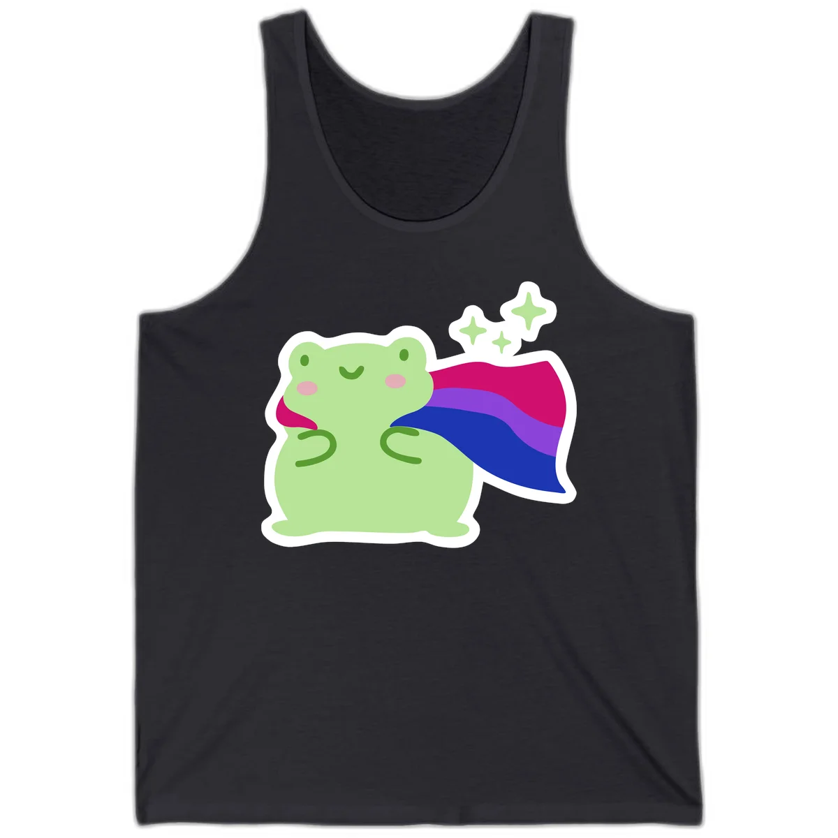 Smiling green frog wearing a flowing rainbow cape with floating sparkles, pride-frog-cape design illustration in Dark Grey