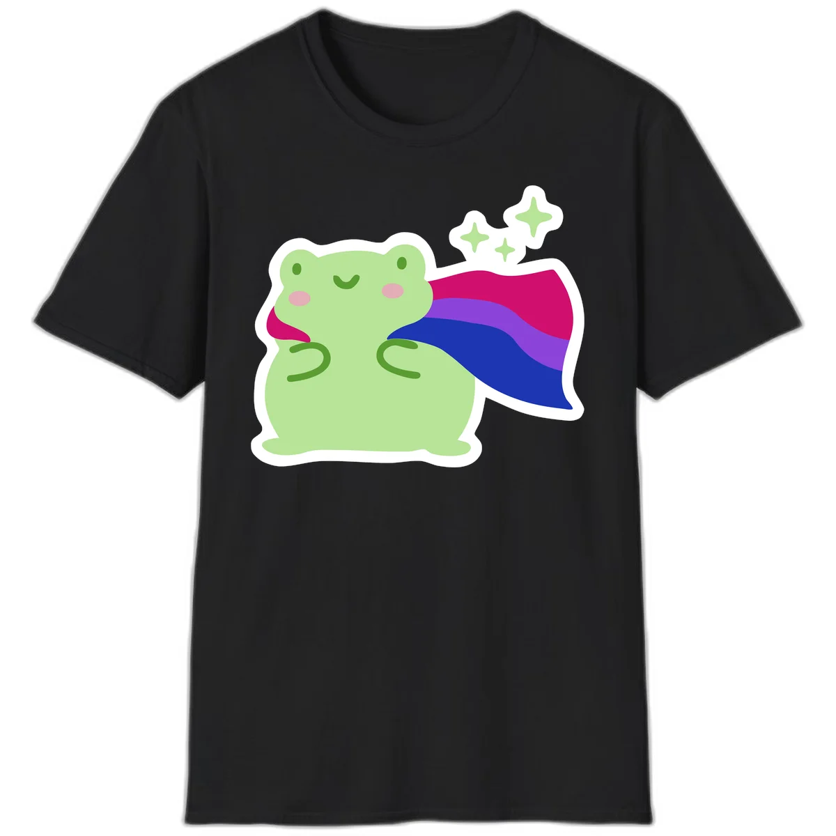 Smiling green frog wearing a flowing rainbow cape with floating sparkles, pride-frog-cape design illustration in Black