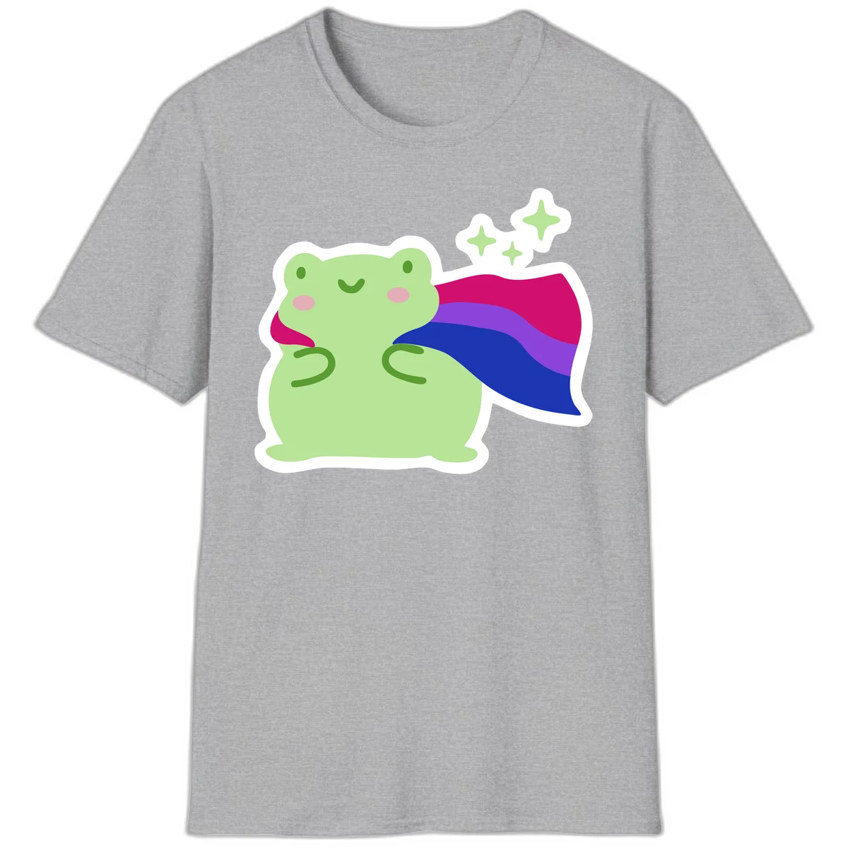 Smiling green frog wearing a flowing rainbow cape with floating sparkles, pride-frog-cape design illustration in Sport Grey