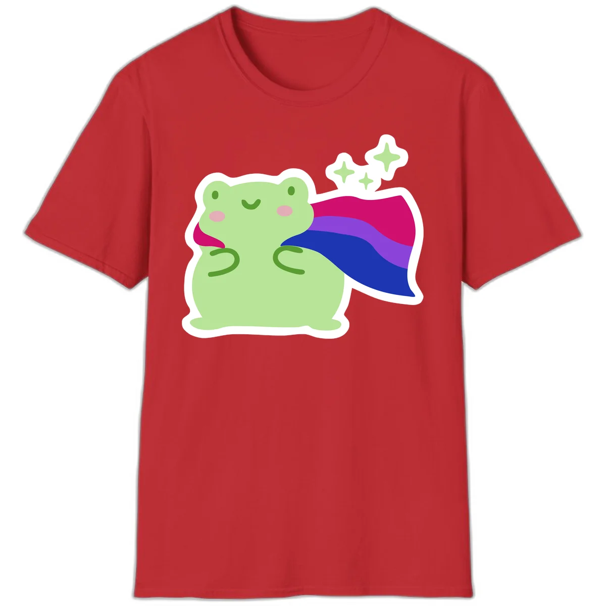 Smiling green frog wearing a flowing rainbow cape with floating sparkles, pride-frog-cape design illustration in Red