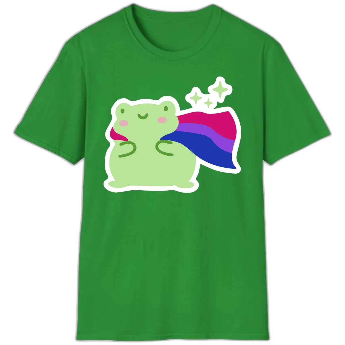 Smiling green frog wearing a flowing rainbow cape with floating sparkles, pride-frog-cape design illustration in Irish Green