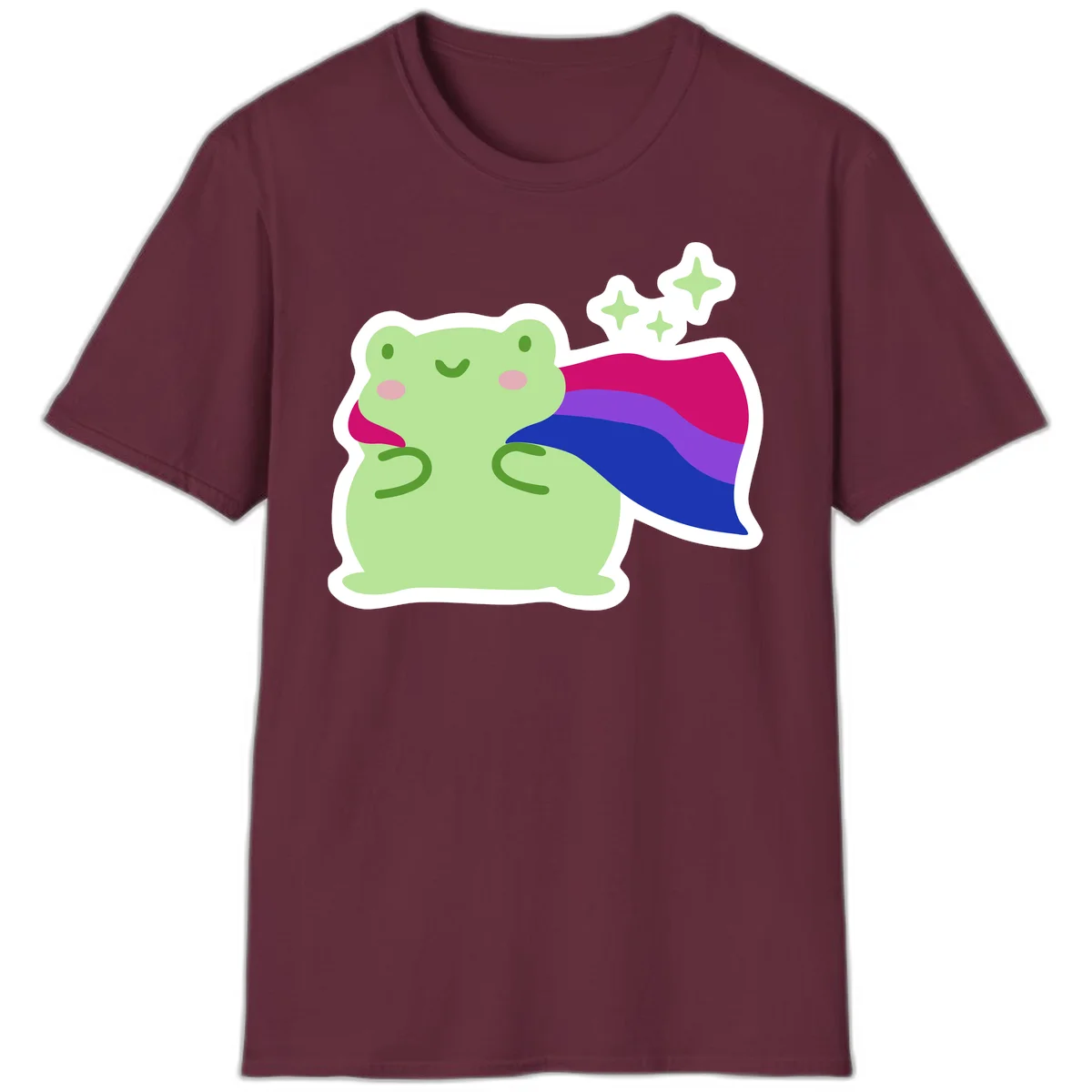 Smiling green frog wearing a flowing rainbow cape with floating sparkles, pride-frog-cape design illustration in Maroon