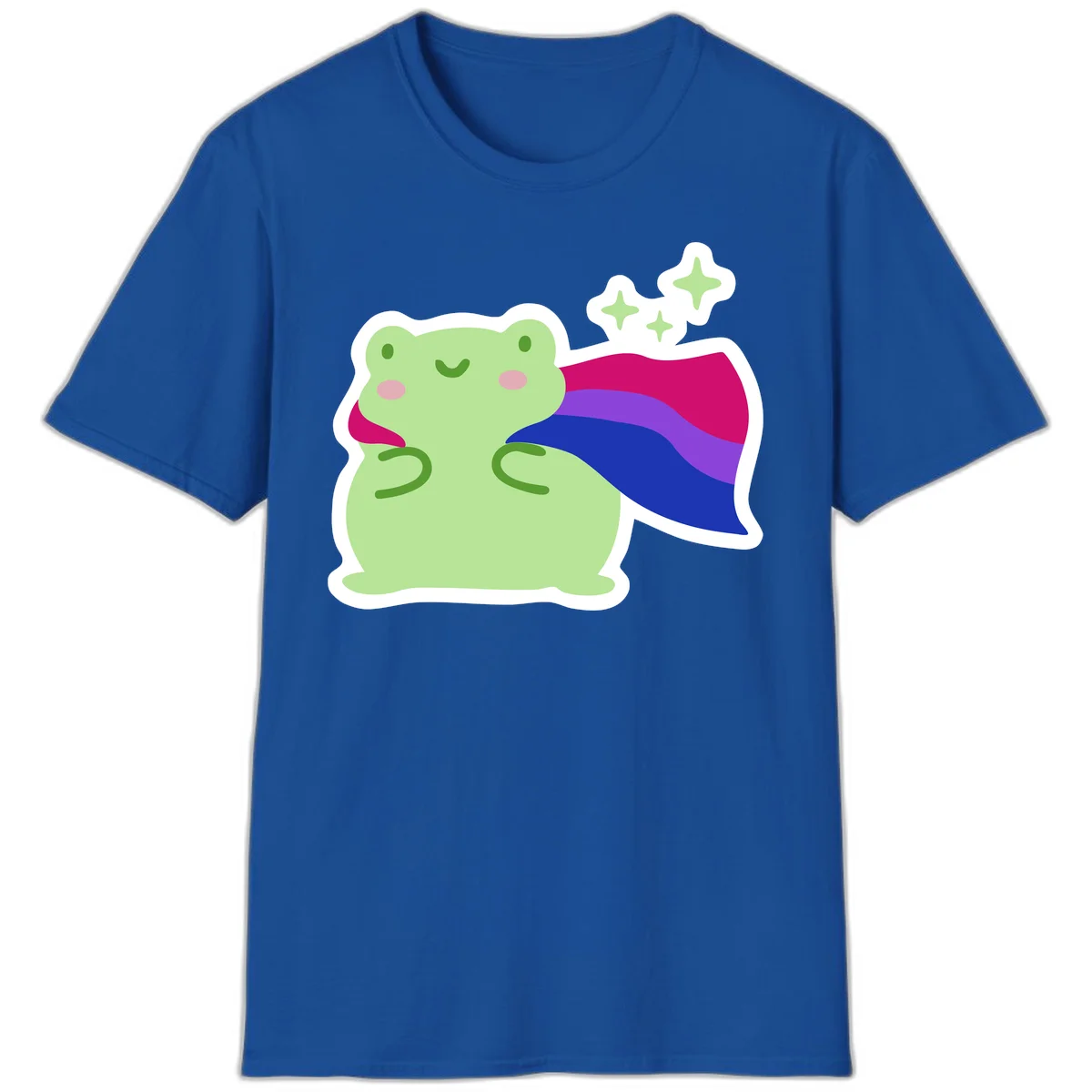 Smiling green frog wearing a flowing rainbow cape with floating sparkles, pride-frog-cape design illustration in Royal