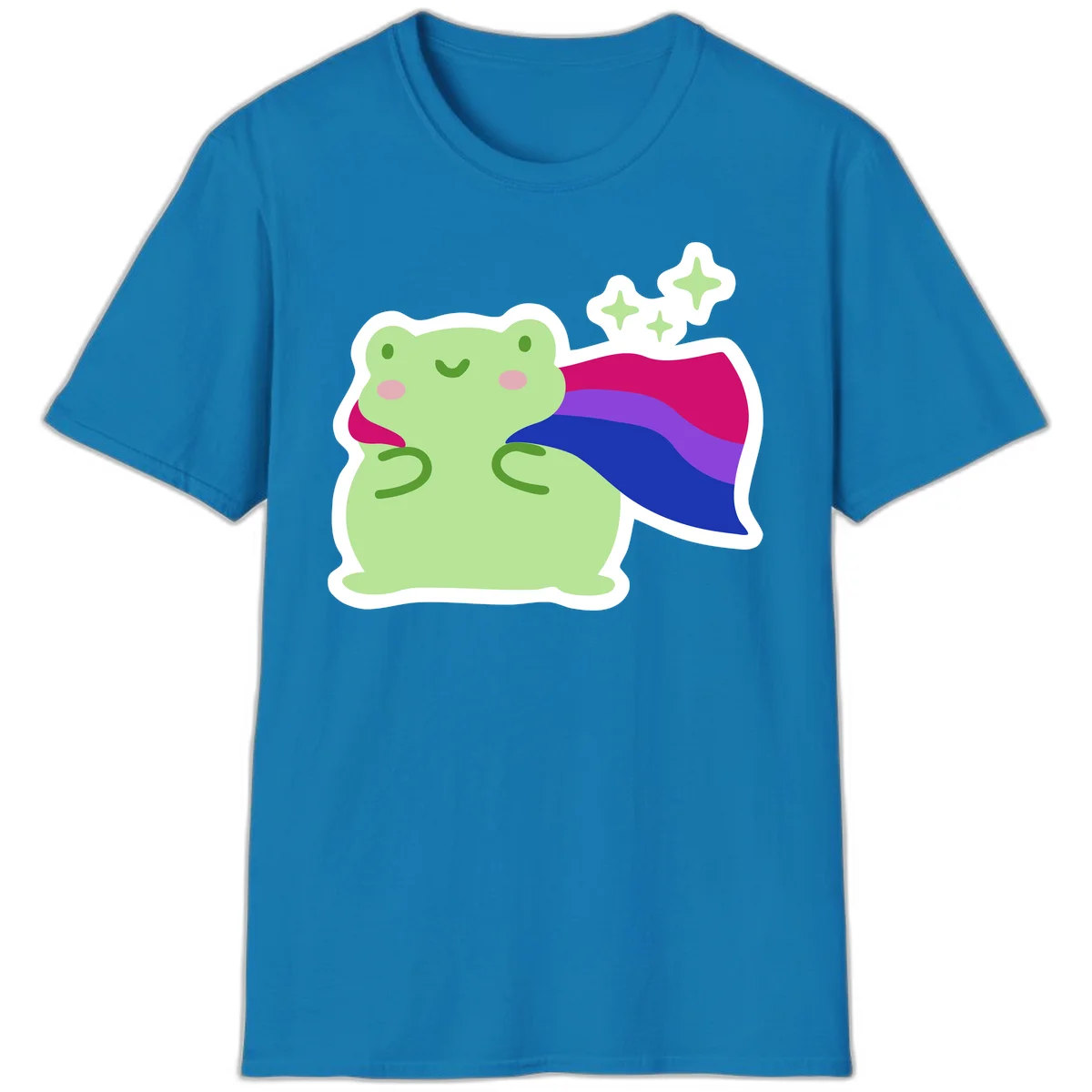 Smiling green frog wearing a flowing rainbow cape with floating sparkles, pride-frog-cape design illustration in Sapphire