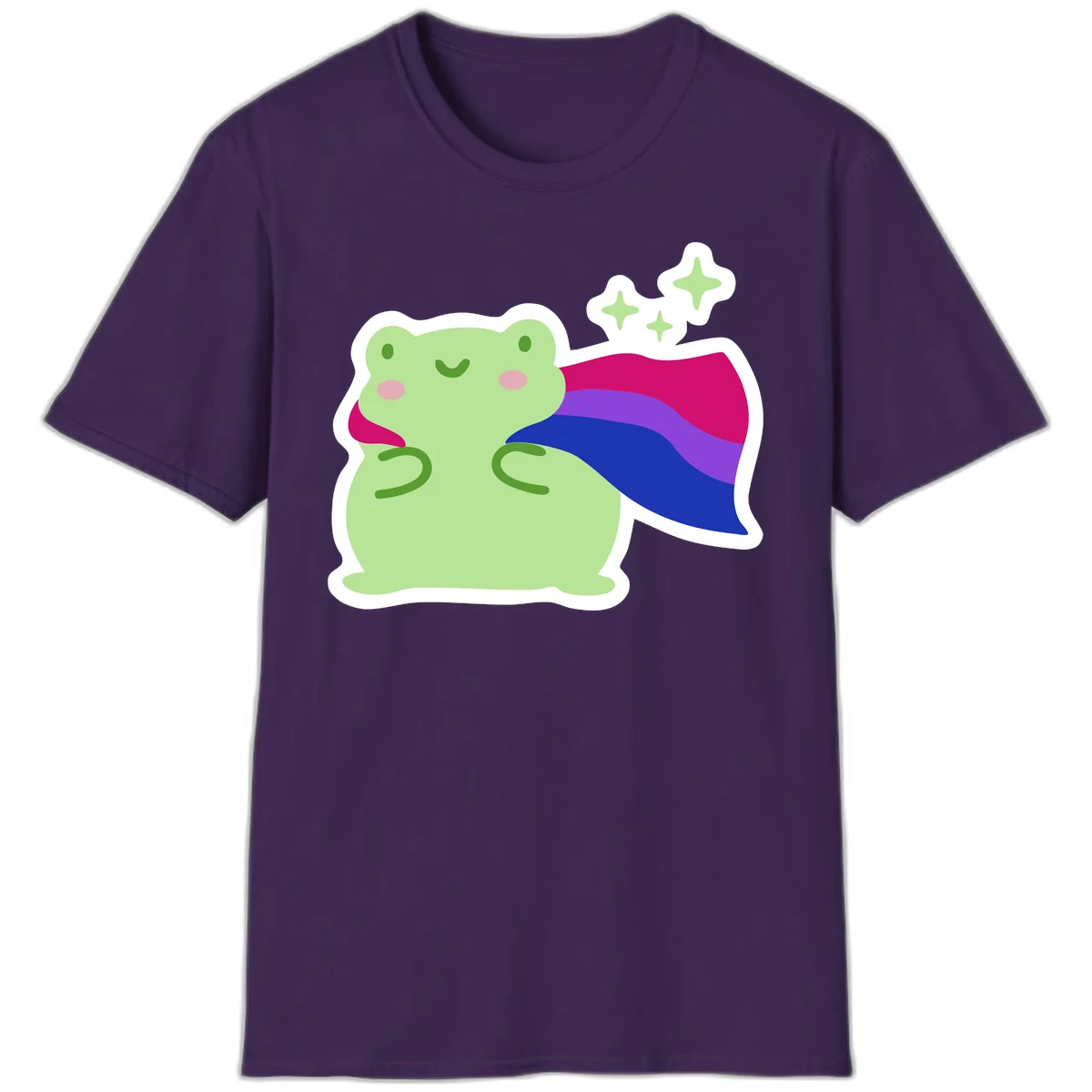 Smiling green frog wearing a flowing rainbow cape with floating sparkles, pride-frog-cape design illustration in Purple