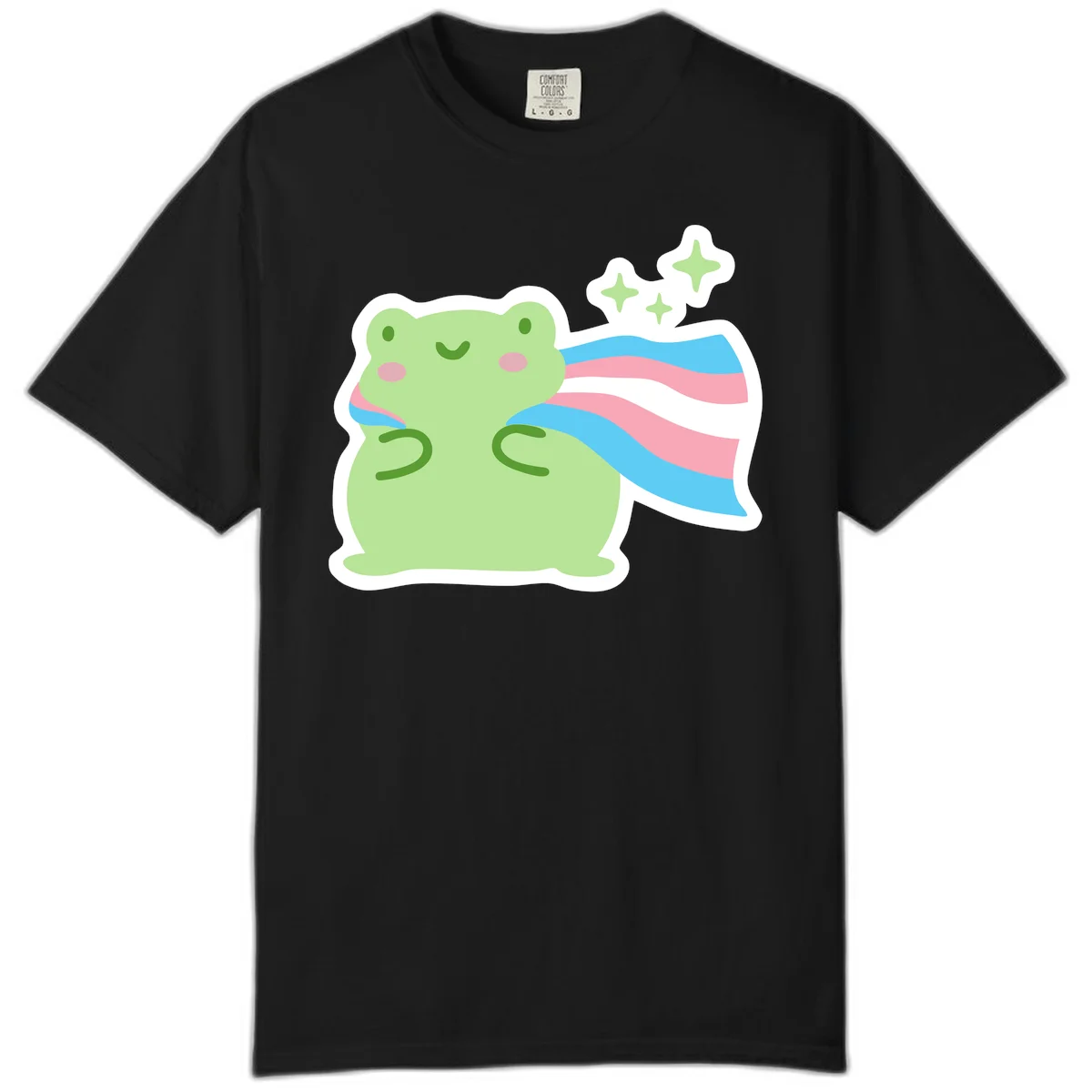 Cheerful green frog with sparkles wearing a magical pink and blue striped cape in Black