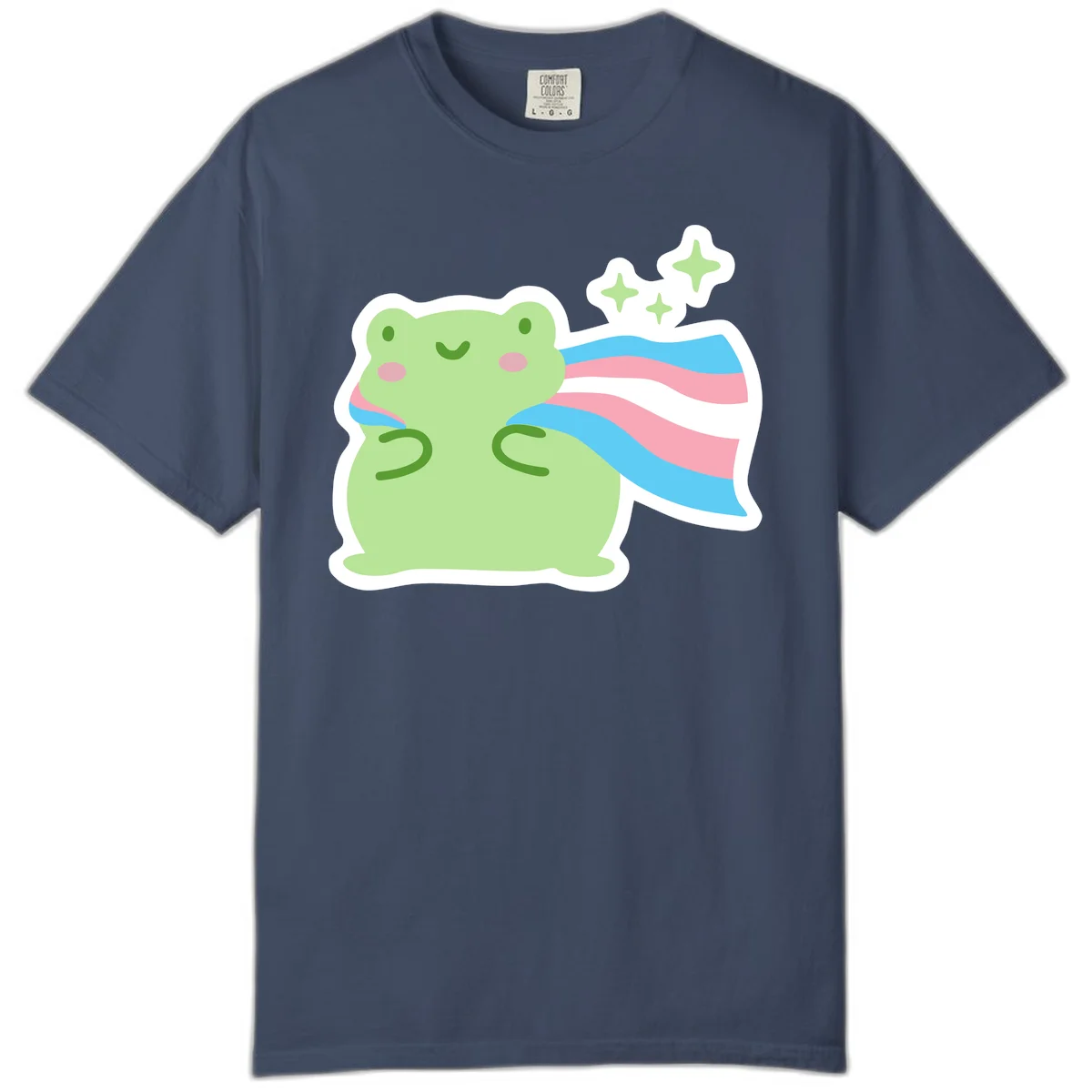 Cheerful green frog with sparkles wearing a magical pink and blue striped cape in Midnight