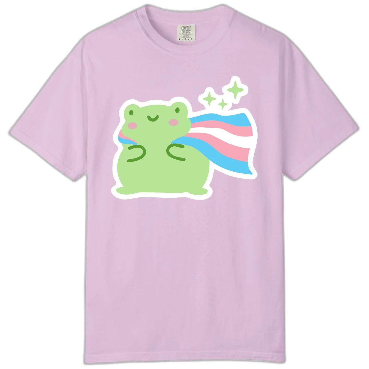 Cheerful green frog with sparkles wearing a magical pink and blue striped cape in Orchid