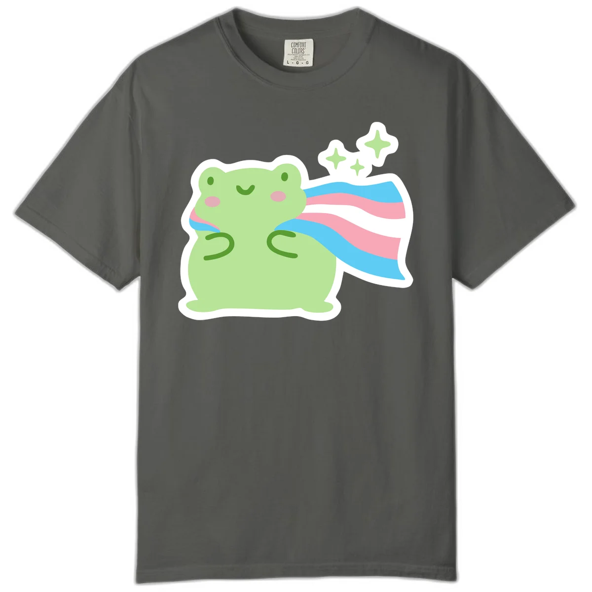 Cheerful green frog with sparkles wearing a magical pink and blue striped cape in Pepper