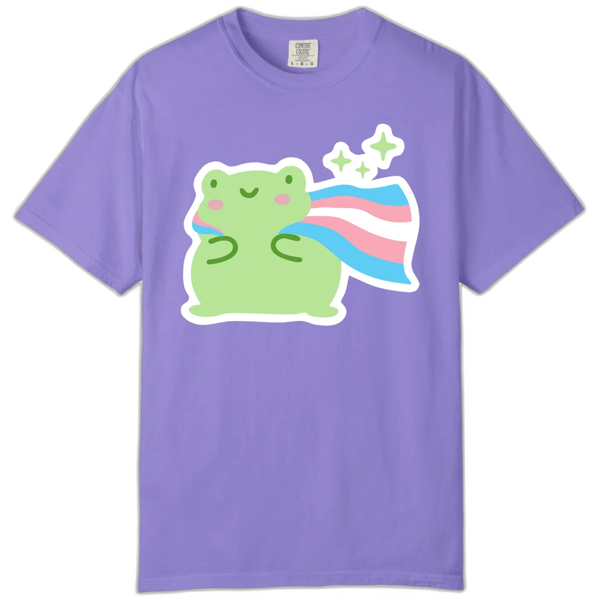 Cheerful green frog with sparkles wearing a magical pink and blue striped cape in Violet