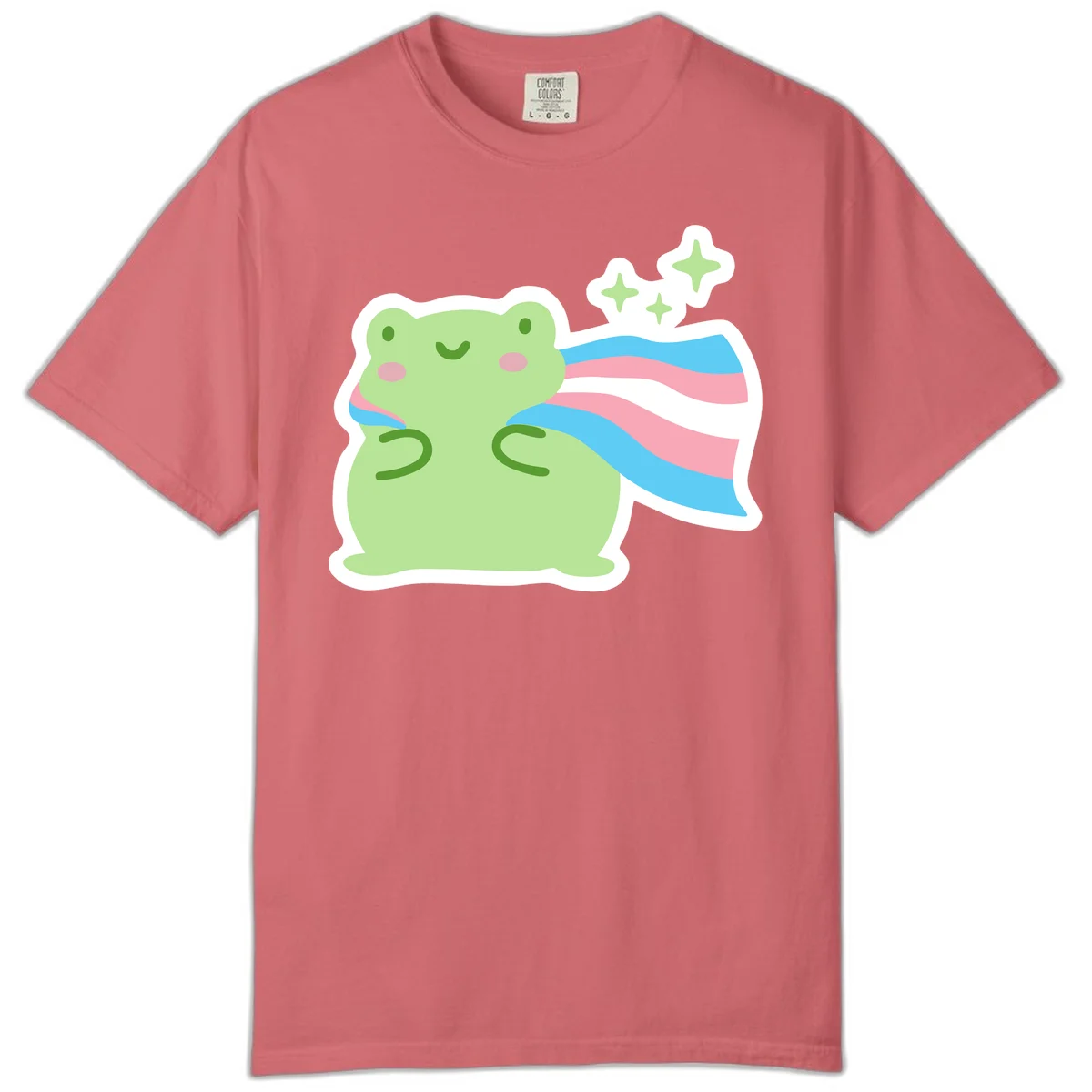 Cheerful green frog with sparkles wearing a magical pink and blue striped cape in Watermelon