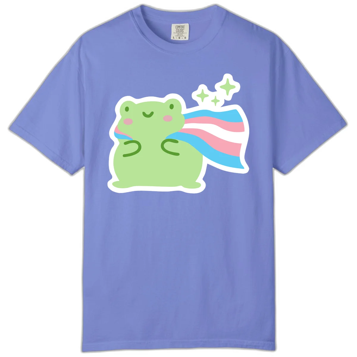 Cheerful green frog with sparkles wearing a magical pink and blue striped cape in Flo Blue