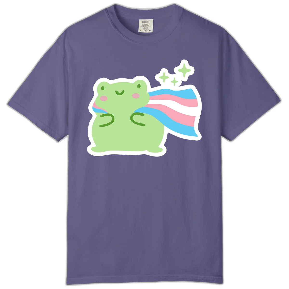 Cheerful green frog with sparkles wearing a magical pink and blue striped cape in Grape