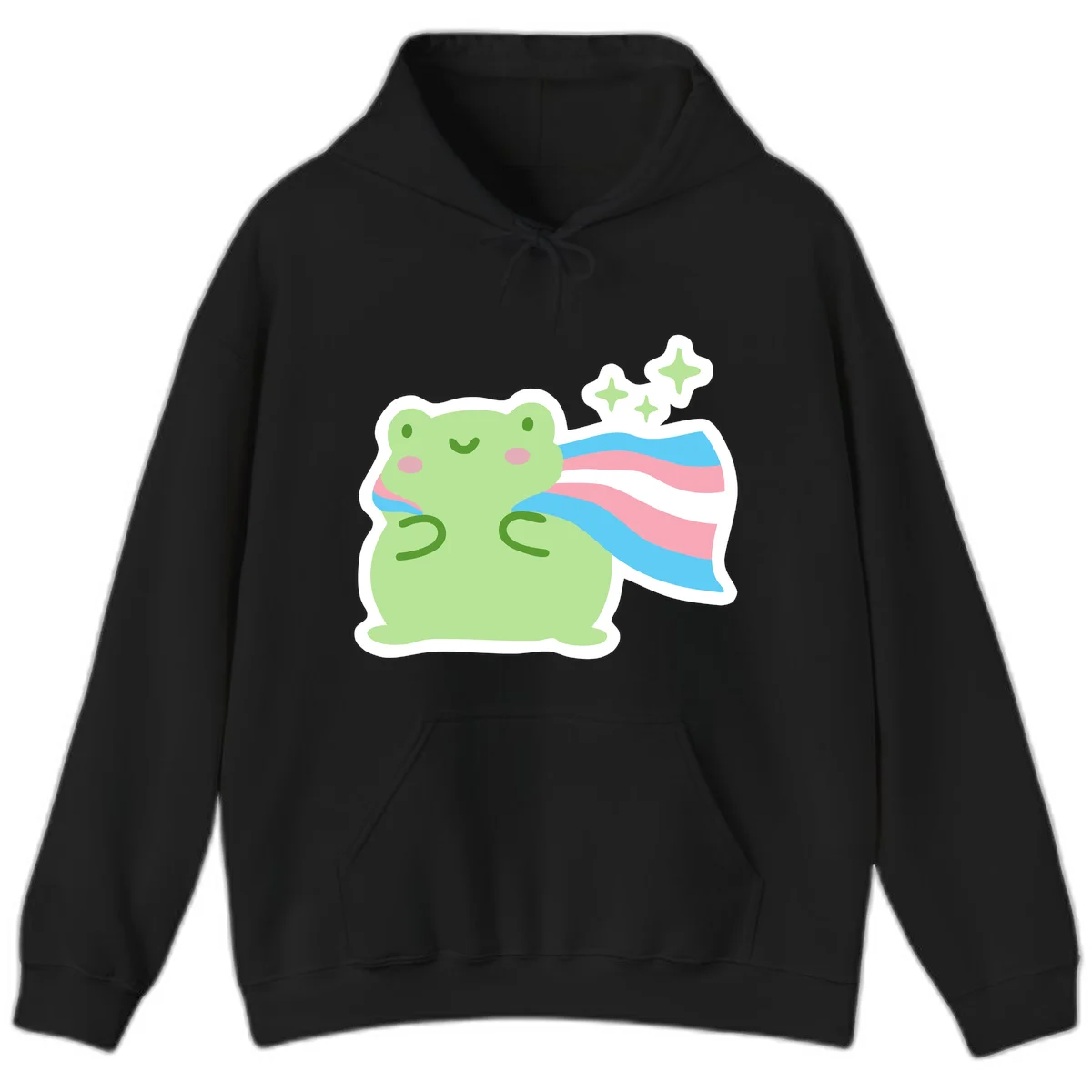 Cheerful green frog with sparkles wearing a magical pink and blue striped cape in Black