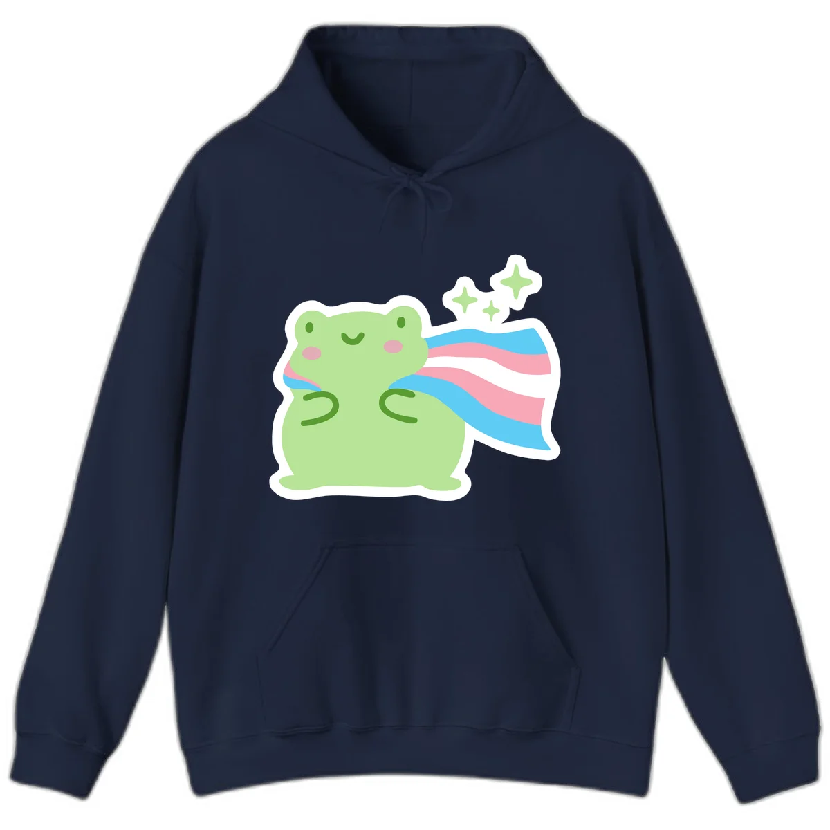 Cheerful green frog with sparkles wearing a magical pink and blue striped cape in Navy