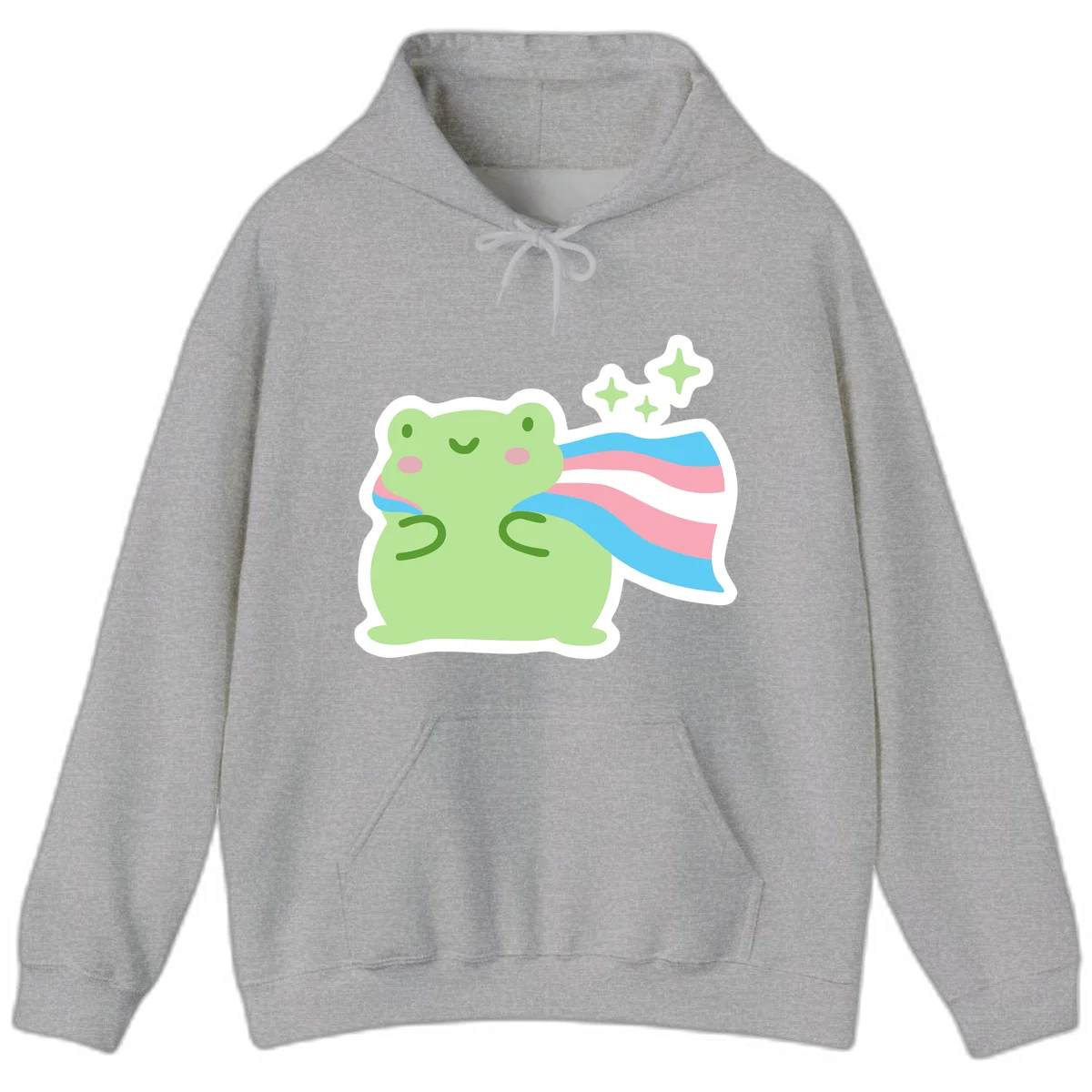 Cheerful green frog with sparkles wearing a magical pink and blue striped cape in Sport Grey